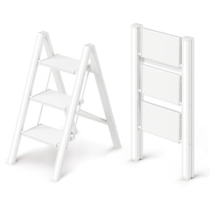 3 Step Ladder, Folding Step Stool with Wider Pedal, Anti-Slip Feet & Non Slip Stripes, Aluminum Sturdy Material, 300Lbs Capacity, Elegant Look of Modern White Better Matches Your Home - color: White, size: 3 Step