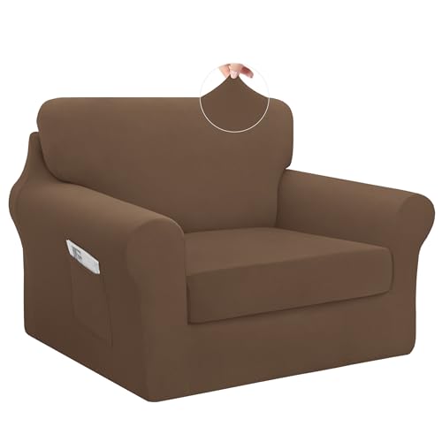 Easy-Going 3 Pieces Stretch Chair Cover Washable Chair Slipcover Set for 1 Backrest and Seat Cushion Couch Anti-Slip Sofa Couch Cover Furniture Protector with Elastic Bottom (Small, Brown) - color: Brown, size: Small