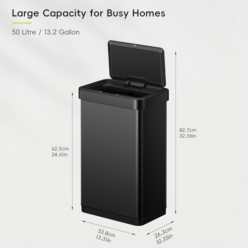 EKO EcoNova 13.2 Gallon/ 50L Automatic Sensor Kitchen Trash Can, Stainless Steel Touchless Garbage Bin with Soft-Close &Stay-Open Lid, Fingerprint-Resistant, Matte Black - size: Nova 50L- Matte Black