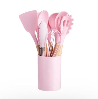 Silicone Kitchen Utensil Set with Wooden Handles – 12 Pieces + Holder, Heat Resistant, Non-Stick Cooking Tools (Multiple Colors (pink) - color: Pink