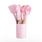 Silicone Kitchen Utensil Set with Wooden Handles – 12 Pieces + Holder, Heat Resistant, Non-Stick Cooking Tools (Multiple Colors (pink) - color: Pink