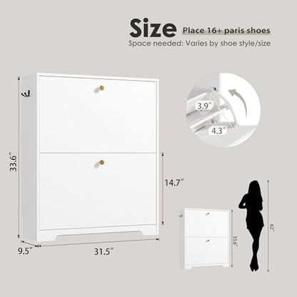 Nicetree Shoe Cabinet with 2 Flip Drawers, Narrow Shoe Organizer Cabinet, Freestanding Shoe Rack Cabinet, Modern Shoe Storage Cabinet for Entryway, Hallway, Foyer, White with Hook - color: White, style: 2-Drawers with Hook