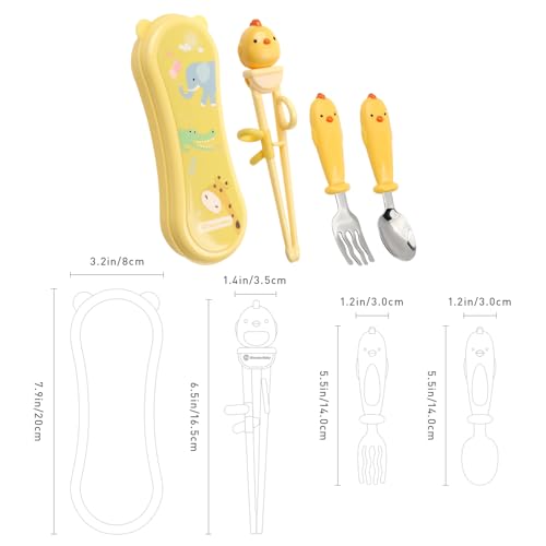 Toddler Utensils Stainless Steel Kids Silverware Set with Kids Spoons and Forks Set and Kids Chopsticks for Self Feeding Learning with Portable Case - color: Yellow