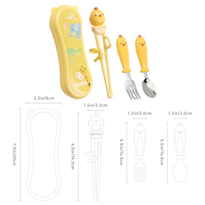 Toddler Utensils Stainless Steel Kids Silverware Set with Kids Spoons and Forks Set and Kids Chopsticks for Self Feeding Learning with Portable Case - color: Yellow