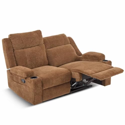 Manual Recliner Loveseat Sofa, Space-Saving Double Reclining Couch with Cup Holders & Storage Pockets, Compact 2-Seater Recliner for Living Room, Home Theater & RV (Brown) - color: Brown, size: 2 Seat