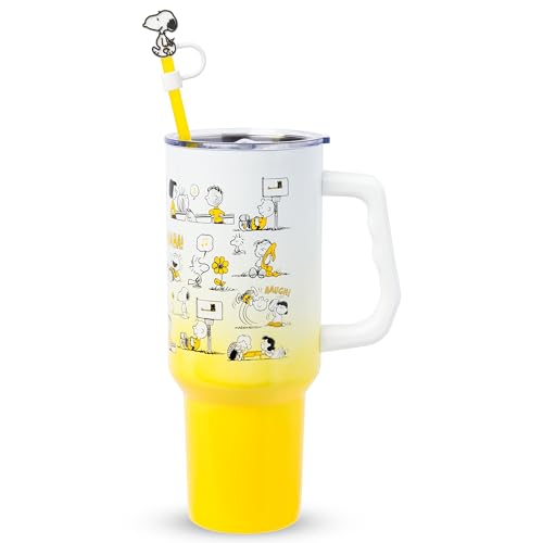 Silver Buffalo Peanuts Iconic Scenes Charlie Brown, Snoopy, Woodstock, Lucy, Sally, Linus Double Walled Stainless Steel Tumbler with Handle, Straw, & Straw Cap, Fits in Standard Cup Holder, 40 Ounces - color: Peanuts Iconic Scenes