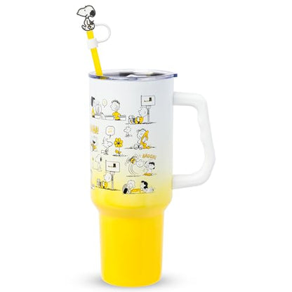 Silver Buffalo Peanuts Iconic Scenes Charlie Brown, Snoopy, Woodstock, Lucy, Sally, Linus Double Walled Stainless Steel Tumbler with Handle, Straw, & Straw Cap, Fits in Standard Cup Holder, 40 Ounces - color: Peanuts Iconic Scenes