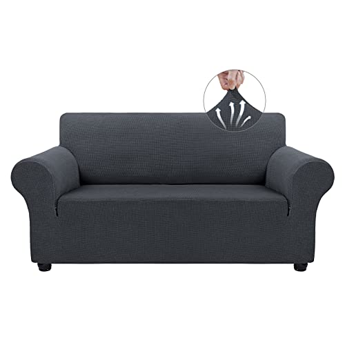 Asnomy Sofa Covers for 2 Cushion Couch Stretch loveseat Covers Slipcovers, Pet Protector Furniture Covers for Dogs Cats Spandex Jacquard Fabric Small Checks （Medium，Charcoal Ash） - color: Charcoal Ash, size: Medium