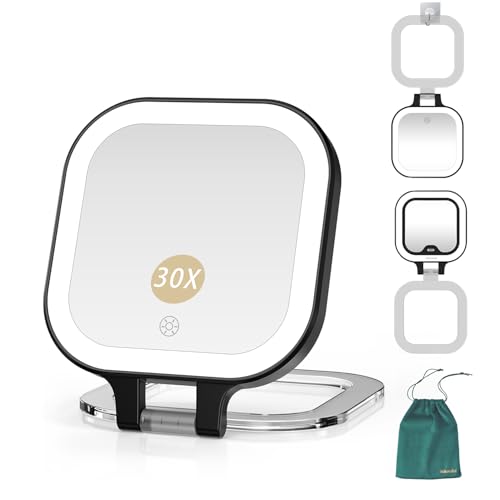 Mocado Compact Travel Makeup Mirror, 1X/30X Magnifying Mirror with Light, Double Sides Compact Mirror with 3 Color Light, Dimmable Handheld Mirror, Rechargeable Travel for Purse,Pocket(Black) - color: C-30x Magnifying-black