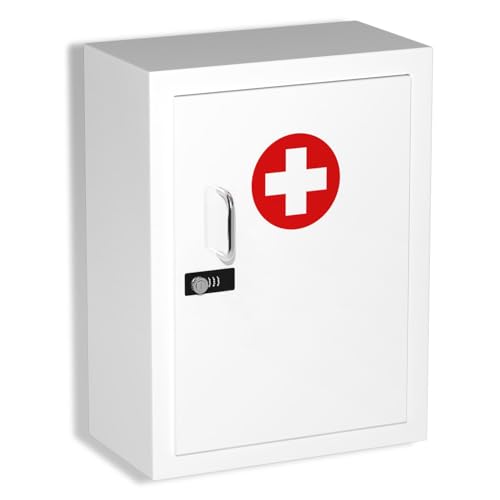 Locking Medicine Cabinet Wall-Mount: Storage Cabinet with Combination Lock & Key - White Metal First Aid Kits for Family Safety and Childproofing - color: Frosted White