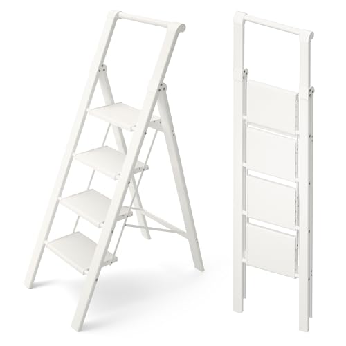HillhutApex 4 Step Foldable Aluminum Step Ladder with Handgrip, Anti-Slip Pedal, 330 lbs Capacity, Lightweight & Portable for Home, Kitchen, Office, Garage (White) - color: White, size: 4 Step With Handrail