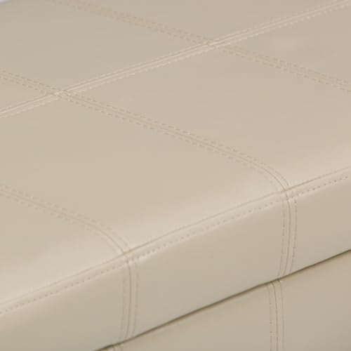 SIMPLIHOME Amelia Storage Ottoman - 33 inch Wide Vegan Leather Rectangle Storage Ottoman Bench in Satin Cream, Transitional Ottoman for Living Room with Nailhead Trim and Lift-Up Lid - color: Satin Cream