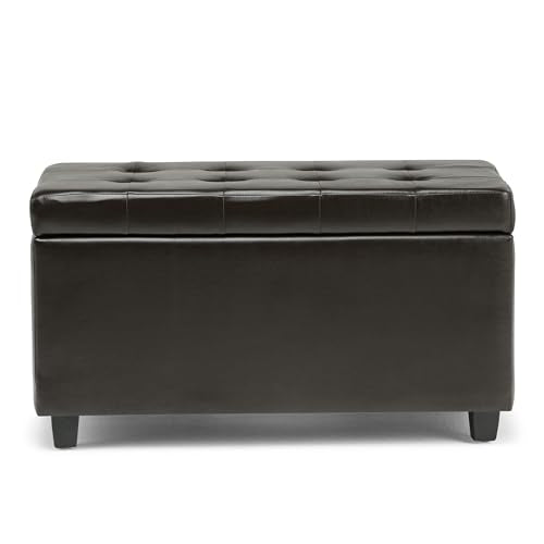 SIMPLIHOME Cosmopolitan Storage Ottoman - 34 inch Wide Upholstered Vegan Leather Rectangle Storage Ottoman Bench in Tanners Brown, Transitional Tufted Ottoman for Living Room with Lift-Up Lid - color: Tanners Brown