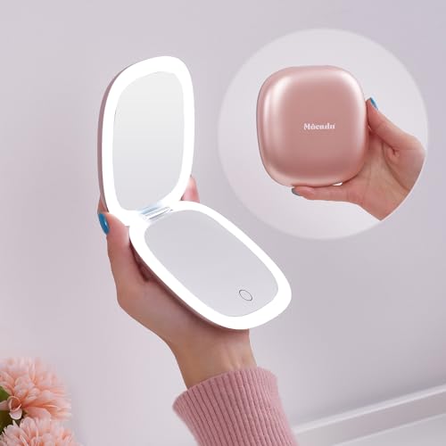 Mocado Compact LED Magnifying Travel Makeup-Mirror - 4 inches 1X/10X Magnification Small Hand Pocket Dimmable Double Sided USB Rechargeable Touch Screen, Portable Tabletop Cosmetic (Rose Gold) - color: Rose Gold