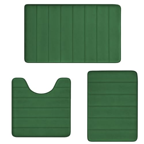 RUN HELIX Bath Mats for Bathroom Comfort Memory Foam Bath Rug Set 3 Piece Non-Slip Bathroom Mats,Absorbent Shaggy Rugs Super Soft U-Shaped Toilet Rug,Bathroo Carpets for Batoom,Tub,Shower,Dark Green - color: Blackish Green
