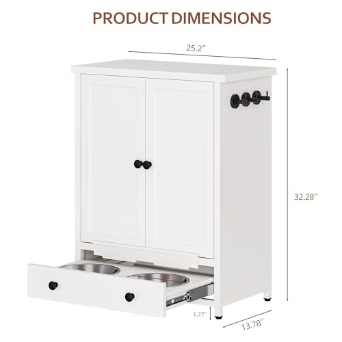 Dog Feeding Station with Storage, Metal Dog Food Storage Cabinet with 2 Elevated Bowls and 3 Hooks, Pet Feeding Station and Dogs Food Storage Organizer, White - size: Metal White