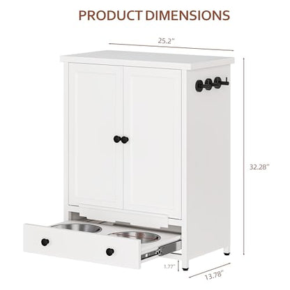 Dog Feeding Station with Storage, Metal Dog Food Storage Cabinet with 2 Elevated Bowls and 3 Hooks, Pet Feeding Station and Dogs Food Storage Organizer, White - size: Metal White
