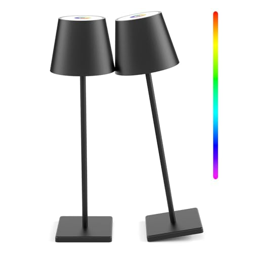 2 Pack LED Cordless Table Lamp with RGB & Stepless Dimming Rechargeable Battery Desk lamp 5000mAh Battery Operated with Modern Portable Table Light for Indoor/Outdoor IP54 Waterproof (Black) - color: Black-RGB, size: 2-Pack