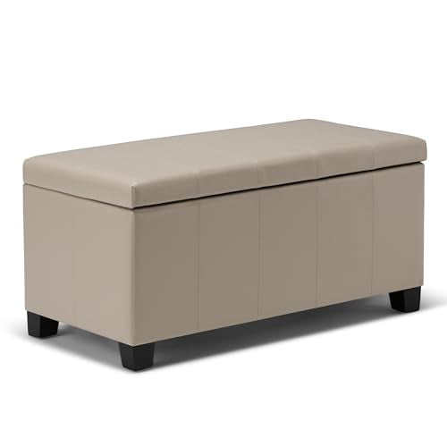 SIMPLIHOME Dover Storage Ottoman Bench - 36 inch Wide Upholstered Vegan Leather Rectangular Lift-Top Ottoman in Satin Cream, Contemporary Bench for Living Room with Safety Hinges - color: Satin Cream