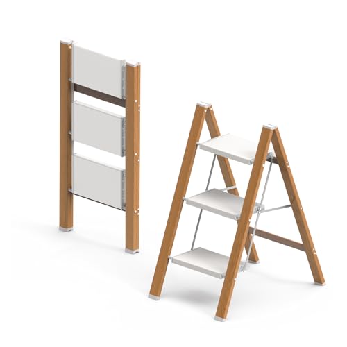 3 Step Ladder, Folding Aluminum Step Stool with Anti-Slip Wide Steps for Adults, Ideal for Kitchen, Closet, Bedroom, 330 lbs Capacity (Woodgrain) (Light Woodgrain, 3 Step) - color: Light Woodgrain