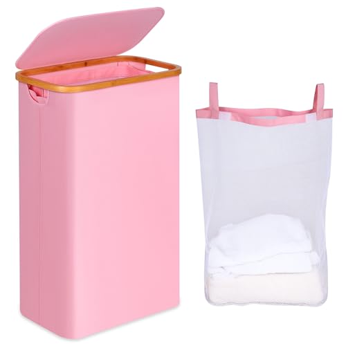 iEGrow 75L Slim Laundry Hamper, Narrow Laundry Basket with Lid,Foldable Clothes Hamper with Bamboo Handles,Hamper Basket with Removable Inner Bag for Laundry Room Bedroom College Dorm,19.8 Gals Pink - color: Pink, size: 75L without Wheels