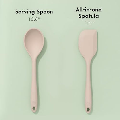 Non-Toxic Platinum Silicone Kitchen Utensil Set of 2 – Non-Scratch Cooking Spoon & Spatula, 100% Plastic Free, Stainless Steel Core, Heat Resistant 500°F, Beige