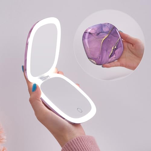 Mocado Compact LED Travel Makeup Mirror - 4 Inches 1X/10X Magnification Travel Mirror with Light Dimmable Double Sides Lighted USB Rechargeable Compact Mirror for Purse,Pocket,Travel(Purple Marble) - color: Purple Marble