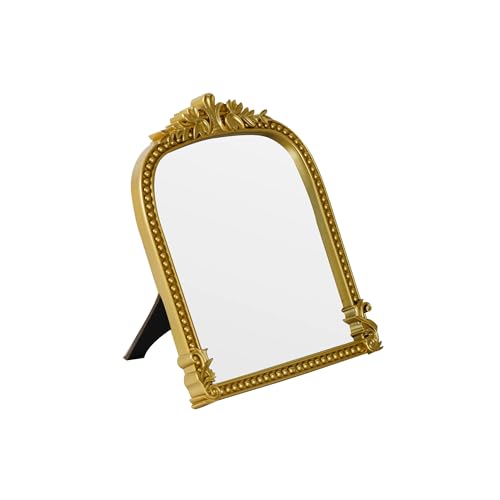 Gold Plastic Arched Makeup Mirror, Standing, Hanging or Wall Mount, Bathroom, Living Room, Bedroom Gold Decorative Mirror (10.6x8.6 inch) - color: Gold