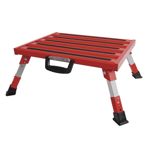 Homeon Wheels Foldable RV Step Stool, Portable Aluminum Platform with Anti-Slip Safety Surface and Handles, Adjustable Height Folding Steps Support Up to 1000 lbs, 16.5" x 11.8", Red - color: Red