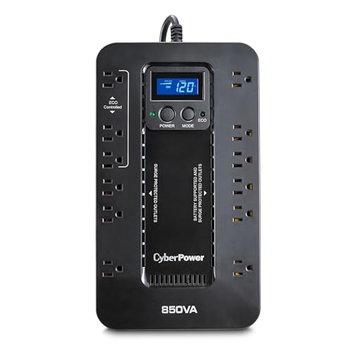 CyberPower EC850LCD Ecologic UPS Battery Backup and Surge Protector, 850VA/510W, 12 Outlets, ECO Mode, Compact, UL Certified - style: 850VA LCD