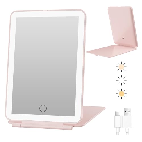FUNTOUCH Rechargeable Travel Makeup Mirror with 72 Led Lights, Portable Lighted Makeup Mirror, 3 Color Lighting, Dimmable Touch Screen, Type C, Tabletop LED Folding Cosmetic Vanity Mirror (Pink) - color: Pink