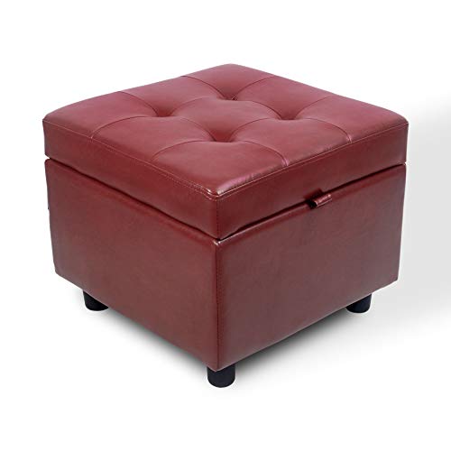 H&B Luxuries Tufted Leather Square Flip Top Storage Ottoman Cube Foot Rest (Red with Storage) - color: Red With Storage