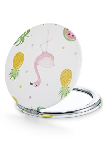 OMIRO 1X/10X Compact Magnifying Mirror, Unique Painting Pocket Mirror with Classical PU Leather (Round, Flamingo and Tropical Print) - color: Flamingo and Tropical Print