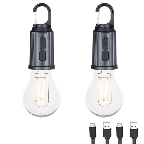 2 Pack Rechargeable Camping Lights, Hanging LED Tent Bulbs with Hook, 3 Lighting Modes Portable Lanterns for Camping, Hiking, Backpacking & Emergency Outages (Black) - color: Camp Light, Globe, size: 2-Pack