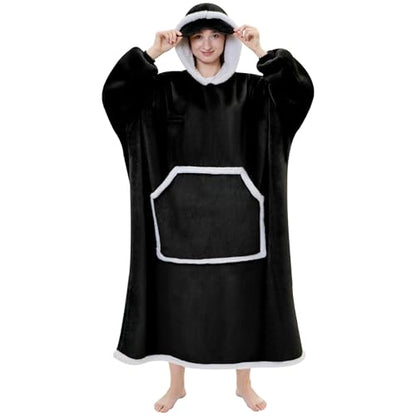 IFNOW Wearable Blanket Hoodie, Oversized Sherpa Fleece Hooded Sweatshirt with Eye Mask, Cozy and Giant Blanket Hoodie with Sleeves Extra Long for Adults Men Women, Black - color: Black, size: Adult