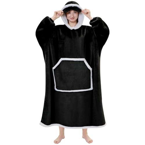 IFNOW Wearable Blanket Hoodie, Oversized Sherpa Fleece Hooded Sweatshirt with Eye Mask, Cozy and Giant Blanket Hoodie with Sleeves Extra Long for Adults Men Women, Black - color: Black, size: Adult