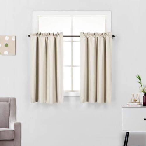 Diamond Home Linens 2 Piece 100% Blackout Insulated Rod Pocket Kitchen Curtain Tiers Set for Small Windows 24" Long-Beige - color: Beige, size: 27"W x 24"L (Pack of 2)