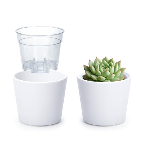 Phoenix Vine 3.5 Inch White Plastic Cachepot with Clear Nursery Pot, Decorative Lightweight Planter Cover with Transparent Inner Pot for Indoor Houseplants, Pack of 2, 24-A-D-2 - color: Matte White, size: 3.5" (2 Pack)
