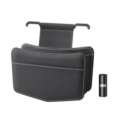 Car Trash Can Small Leather Vehicle Trash Bin Car Dustbin Garbage Organizer Holder with Trash Bag Foldable Mini Cars Storage Bag Container for Auto SUV Van Trucks (Black,Hanging Hook) - color: black, style: hanging hook
