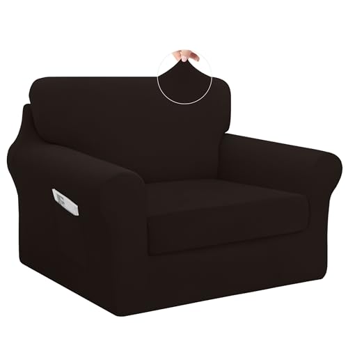 Easy-Going 3 Pieces Stretch Chair Cover Washable Chair Slipcover Set for 1 Backrest and Seat Cushion Couch Anti-Slip Sofa Couch Cover Furniture Protector with Elastic Bottom (Small, Chocolate) - color: Chocolate, size: Small