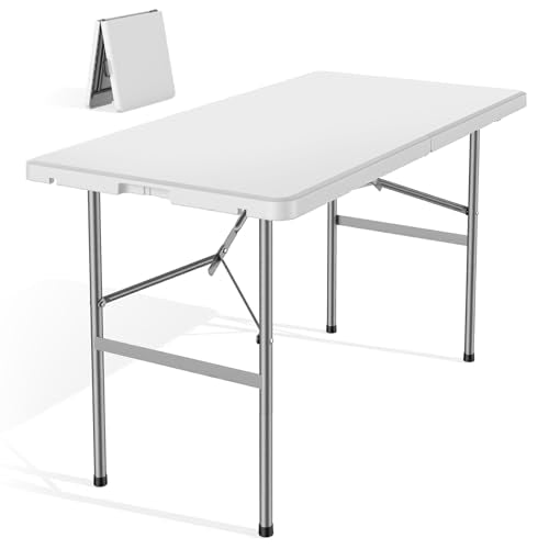 DUMOS 4 FT Folding Picnic Table Simple to Fold and Keep, 3.8 FT Foldable Table for Camping Dining Party Kitchen Picnic Outdoor Indoor with Carrying Handle - color: Basic White, size: 4 FT