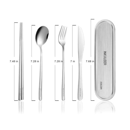 INKULEER Travel Cutlery Set - 18/8 Stainless Steel Reusable Utensils with Metal Case, Portable Silverware for Camping, Office, Travel & Outdoor Dining - color: Silver