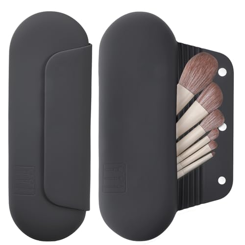 AGIKET Silicone Makeup Brush Holder Travel Cosmetic Bag：Soft Portable Cosmetic Face Brushes Holder with Upgrade Anti-Fall Out Magnetic Closure, Large Travel Makeup Brush Case - Grey - color: Grey, style: Brush Holder