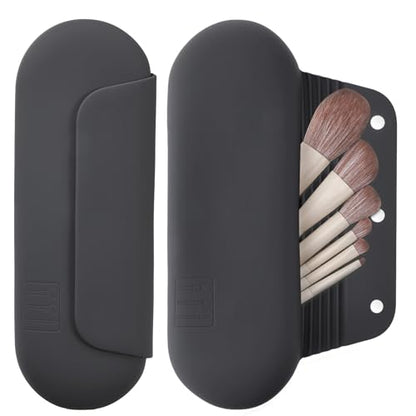 AGIKET Silicone Makeup Brush Holder Travel Cosmetic Bag：Soft Portable Cosmetic Face Brushes Holder with Upgrade Anti-Fall Out Magnetic Closure, Large Travel Makeup Brush Case - Grey - color: Grey, style: Brush Holder