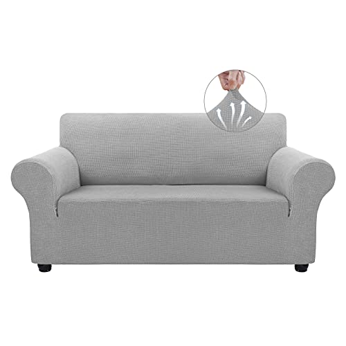 Asnomy Sofa Covers for 2 Cushion Couch Stretch loveseat Covers Slipcovers, Pet Protector Furniture Covers for Dogs Cats Spandex Jacquard Fabric Small Checks （Medium，Silver） - color: Silver, size: Medium