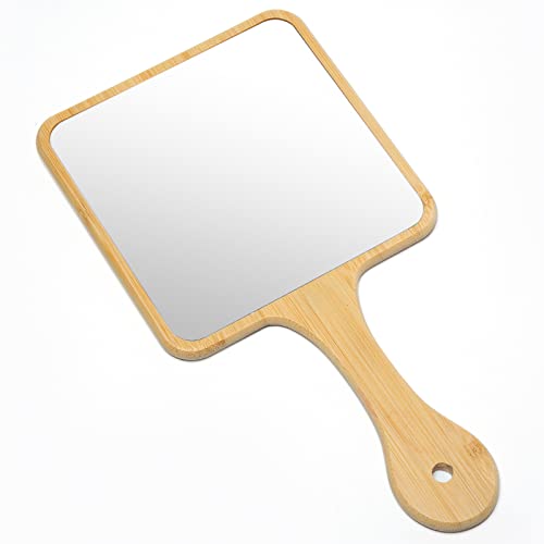 Hand Mirror,Natural Bamboo Hand Held Mirror with Handle,Small Cute Handheld Mirror for Shaving Single-Sided Portable Travel Vanity Mirror for Men & Women,5.3" W x 9.8" L - size: 9.8"L x 5.3"W