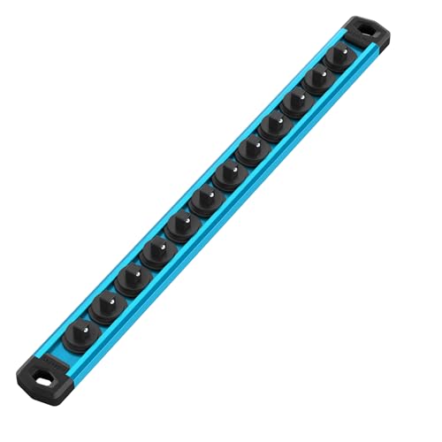 WORKPRO Magnetic Socket Organizer, 1/4-Inch Drive Aluminum Alloy Socket Rail, Heavy Duty Socket Holder, Socket Rack Kit 1/4-Inch x 12 Clips Sky Blue (Socket not Included) - color: Sky Blue, size: 1/4" DR