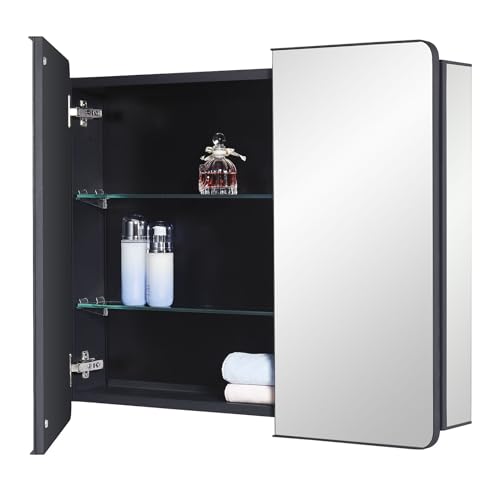 IDYLLOR Black Bathroom Mirror Medicine Cabinet with Round Corner Framed Door 30 x 25.6 inch, Recessed or Surface Mount, with Adjustable Glass Shelves - size: 30 x 25.6 inch
