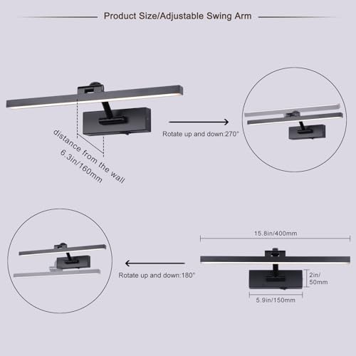 LED Wireless Picture Light with Remote Control,USB Rechargeable Battery Powered Art Lamps,Dimmable,270° Rotate,Timing,15.5 Inch Black Wall Lights for Paintings,Picture Frame,Gallery - color: Battery Operated Black, size: 15.7 Inch