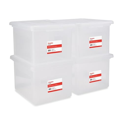STAPLES Plastic File Box with Snap Lid, Letter/Legal Size, Clear, 4/Carton - color: Clear, size: 4 Pack, style: Box (Snap Lid)